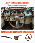 Old boat steering system with corroded cables, cracked helm, freewheeling wheel; alert for Heavy Duty Boat Steering System Kit.
