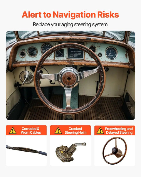 Old boat steering system with corroded cables, cracked helm, freewheeling wheel; alert for Heavy Duty Boat Steering System Kit.