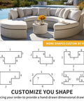 Customizable sectional outdoor bench with high resilience foam and waterproof cushions, shown poolside with various seating shapes diagrams.
