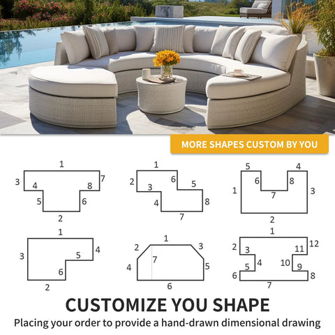 Customizable sectional outdoor bench with high resilience foam and waterproof cushions, shown poolside with various seating shapes diagrams.