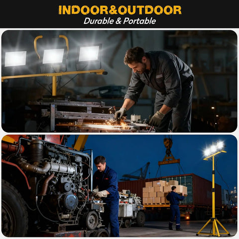 Premium 21000 Lumen Led Work Light With Retractable Tripod Stand And Extended 16 Foot Power Cord illuminating work on machinery in dim light.