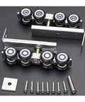 Heavy Duty Sliding Closet Door Roller Kit For Wooden Wardrobes, 2 stainless steel nylon wheel casters, mounting hardware shown