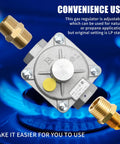 Front view of Saihisday 1/2 inch gas pressure regulator with two brass 1/2 inch NPT adapters.