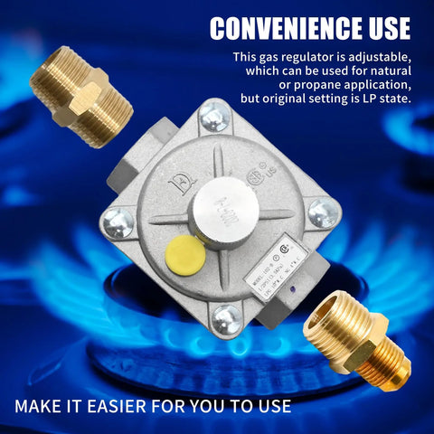 Front view of Saihisday 1/2 inch gas pressure regulator with two brass 1/2 inch NPT adapters.