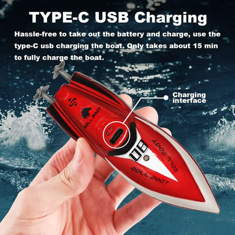 Mini RC Boat For Kids 8 To 12 Years Old 2.4GHz Remote With 360 Degree Spin Built In Rechargeable Battery Water Toy Red Gift in hand