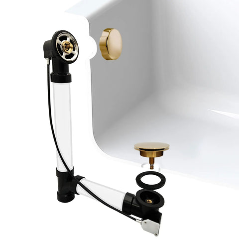 35 Inch Rock Solid Cable Driven Bath Waste with polished brass pop up stopper, featuring durable mechanism for easy sink installation.