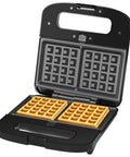 Awesome 3 in 1 Electric Sandwich Maker With Panini Press Grill And Waffle Iron Set featuring cooked waffles in nonstick plates.
