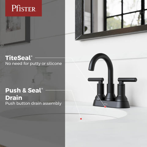 Capistrano Matte Black 4-In Centerset 3-Hole Bathroom Sink Faucet with dual handles, TiteSeal and Push & Seal Drain features displayed