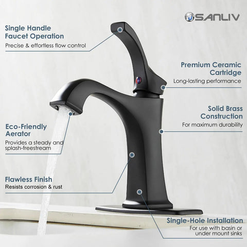 Matte Black Bathroom Faucet With One Hole And Deck Plate, Dope Single-Handle Vanity Tap, Modern Farmhouse Sink Faucet With Pop-Up Drain