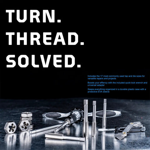 Pro Grade 39 Piece SAE Tap And Die Set With Dual Layer Storage Case displayed, showing tools and components on a tabletop.