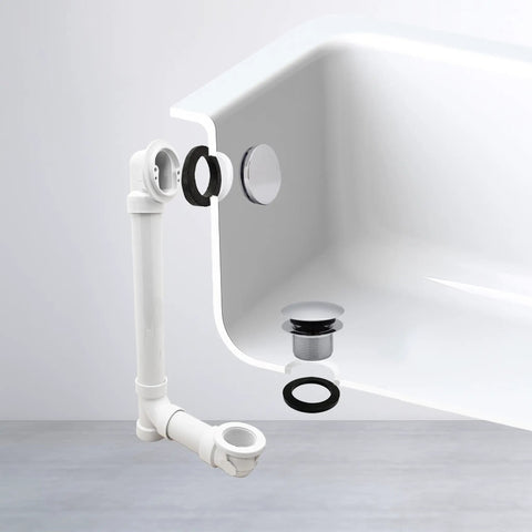 Built Tough Sch 40 Pvc Bath Waste And Overflow Assembly With Slick Illusionary Faceplate And Ada Compliant Toe Touch Drain Plug Polished Chrome installed in bathtub.