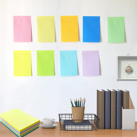 9 Pack 4x6 Inch Lined Sticky Notes With 35 Sheets Per Pad, Pastel Colors Memo Pads for Office and Home displayed on wall and desk