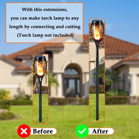 Solar Torch Flame Lamp Extension Kit With Joint Connectors 6 Pack to level up outdoor lamps, before and after height comparison