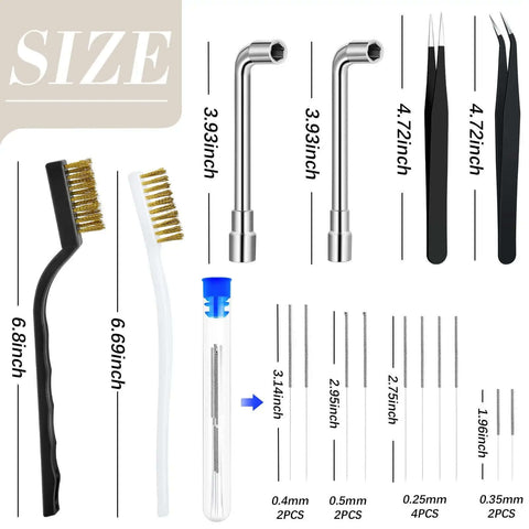 All In One 3D Printer Nozzle Cleaning Kit With Ten Cleaning Pins Two Copper Wire Brushes Two Tweezers Two L Shaped Wrenches