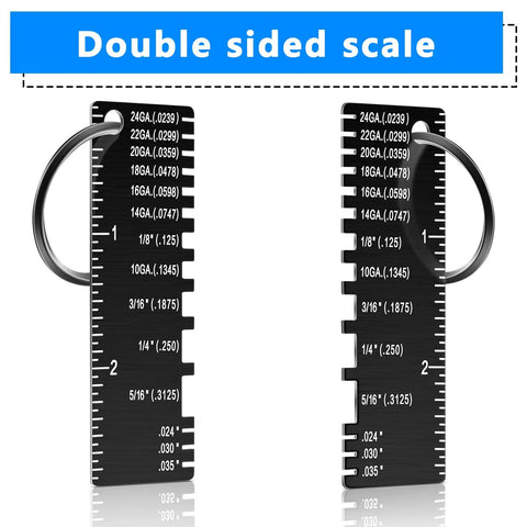 Four Piece Double Sided Wire Gauge Tool Set for Metal Sheets, Portable black thickness gauge with deep engravings, two gauges shown