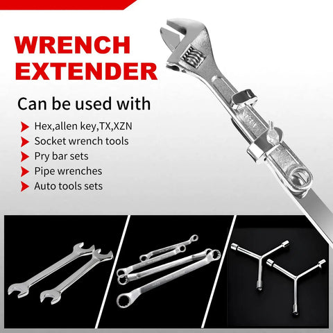 Extra Long Wrench Extension Bar for Maximum Leverage 16 Inch Universal Torque Adaptor shown with various compatible tools.