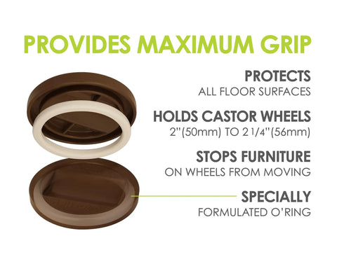 Three And A Quarter Inch Bed Roller And Furniture Wheel Gripper Caster Cups Set Of Four in Chocolate Brown with O Ring feature