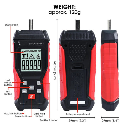 2-In-1 Tachometer With Noncontact Laser And Contact RPM Meter Gauge Tester, showing front and side views, with buttons labeled.