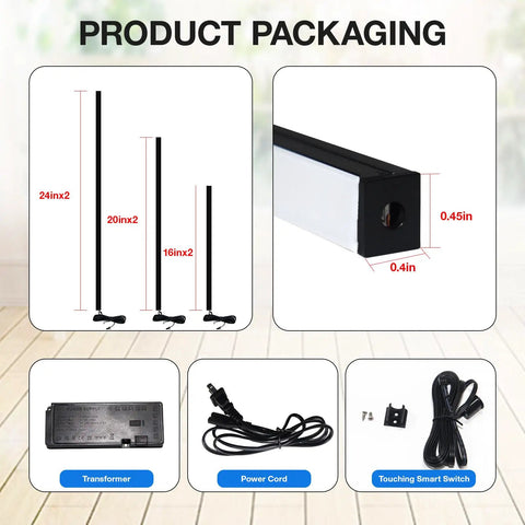 Product packaging showing sizes and items of Six Pcs Wood Slat LED Recessed Lighting Kit With Self Adhesive 3000K Warm White Light Easy Install Smart Switch And Adjustable Brightness For Cabinets And Kitchen Counters 2x36 2x24 2x16.