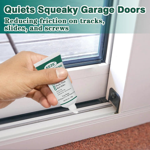 KEZE silicone grease tube in hand applying to sliding window/garage door track; close-up view; white tube with green label.