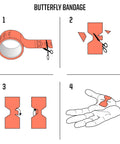 Butterfly bandage instructional diagram showing tape roll, scissors, cut pieces, and hand with applied bandage