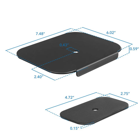 Built Tough Steel Monitor Mount Reinforcement Plate fits under 1-inch desks, dimensions displayed for secure dual monitor setups.