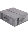 Heavy Duty Linen Bed Sheet Storage Organizer For Closet With Folded Blanket Pockets And Oversized Comforter Rack, gray fabric with handles.