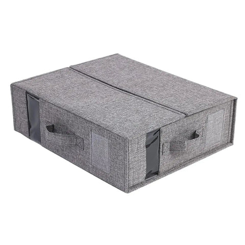 Heavy Duty Linen Bed Sheet Storage Organizer For Closet With Folded Blanket Pockets And Oversized Comforter Rack, gray fabric with handles.