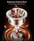 Premium Rock Solid Professional Conical Burr Coffee Grinder With Rust Proof Stainless Steel Body And Built In Portafilter Holder For Tight Dosage Tweaks And Smooth Daily Espresso Pulls conical burr coffee grinder with coffee beans and ground coffee.