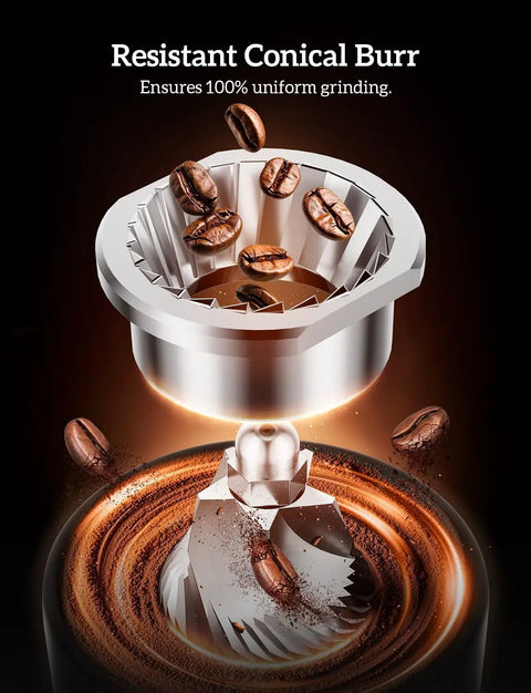 Premium Rock Solid Professional Conical Burr Coffee Grinder With Rust Proof Stainless Steel Body And Built In Portafilter Holder For Tight Dosage Tweaks And Smooth Daily Espresso Pulls conical burr coffee grinder with coffee beans and ground coffee.