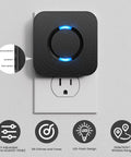 Motion Sensor LED Light With Wireless Alarm Chimes And 500 Ft Range displayed on a wall outlet, featuring black design with blue LED indicator.