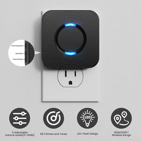 Motion Sensor LED Light With Wireless Alarm Chimes And 500 Ft Range displayed on a wall outlet, featuring black design with blue LED indicator.