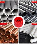 Depth gauge and pipe deburring kit; collage shows four pipe types: PVC, metal, copper, CPVC with a red central tool.