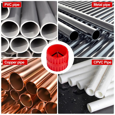 Depth gauge and pipe deburring kit; collage shows four pipe types: PVC, metal, copper, CPVC with a red central tool.