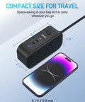 On-The-Go 9-In-1 PD 65W USB-C Power Strip with phone for size comparison, showing compact design and dimensions.