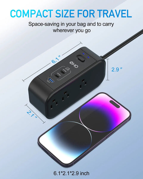 On-The-Go 9-In-1 PD 65W USB-C Power Strip with phone for size comparison, showing compact design and dimensions.