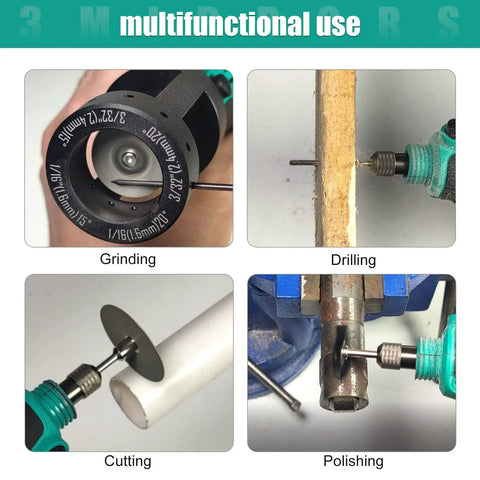 Cordless Tungsten Electrode Sharpener Grinder With 12 Holes showing functions: Grinding, Drilling, Cutting, Polishing for TIG welding