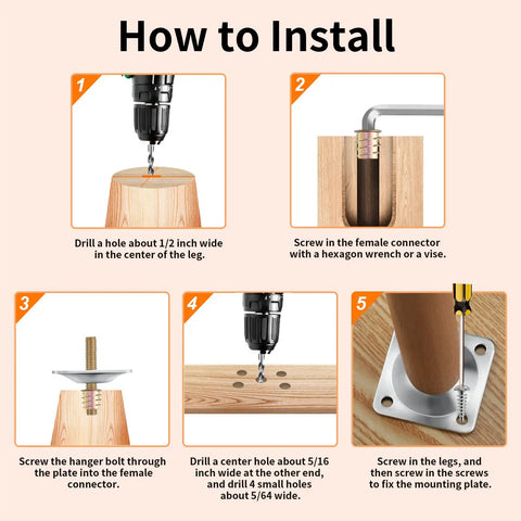 Heavy Duty Leg Mounting Plates Set For Sofas And Furniture Repair installation guide showing screwing process and tools used.