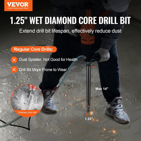 Pro Grade Wet Diamond Core Drill Bit One And One Quarter Inch, Fourteen Inch Drilling Depth For Concrete Brick And Block, Five Eighths Eleven Inner Thread, Laser Welded Diamond Core Bit With Universal Shank, Dust Free Wet Cutting