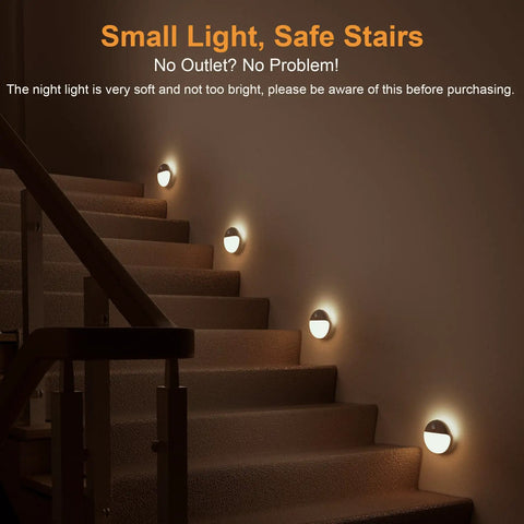 Two Pack Motion Sensor Night Lights For Indoor Use 2.6 Inch Stick On LED Lights For Stairs Bathroom Hallway Bedroom Kids Soft Warm White Dimmable 3 Light Modes Battery Powered Travel Friendly
