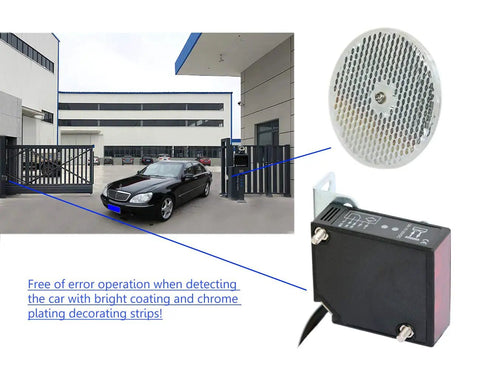 IP67 Waterproof Photoelectric Beam Sensor for gates and garage doors, installed outdoors with universal 10-30V DC power supply.