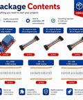 Ten Piece 5V DC One Channel Relay Module Kit With Optocoupler Isolation High And Low Level Trigger All In One 20 Cm Jumper Wires And 10K 1K 220R Resistors For Arduino And Raspberry Pi. Package contents layout with relay modules, Dupont wires, and resistors