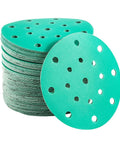 Get A Solid 20 Pack of 6 Inch Hook And Loop Sanding Discs With Assorted Grits From 60 To 2000 stacked discs with holes for dust extraction.