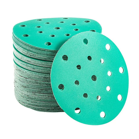 Get A Solid 20 Pack of 6 Inch Hook And Loop Sanding Discs With Assorted Grits From 60 To 2000 stacked discs with holes for dust extraction.