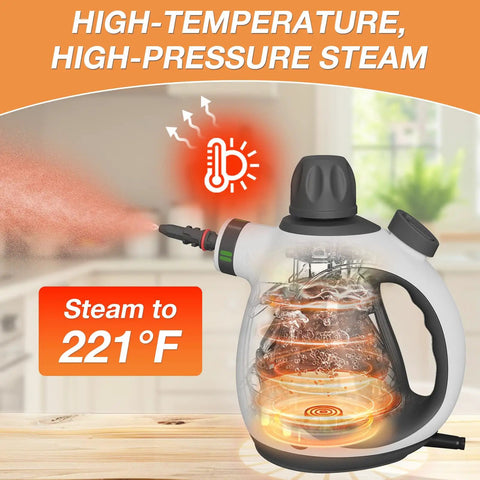 Straight Up Supercharge Handheld Steam Cleaner With Bonus Attachments, high-pressure steam gun showing water boiling to 221°F.