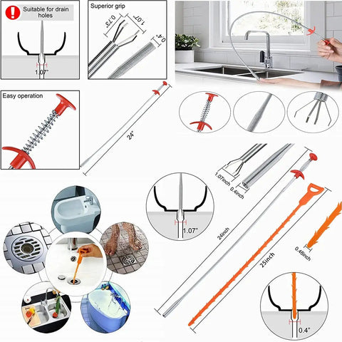 3 In 1 Drain Clog Remover Kit With Plastic Drain Snakes And Stainless Steel Cleaning Stick for sink and tub cleaning