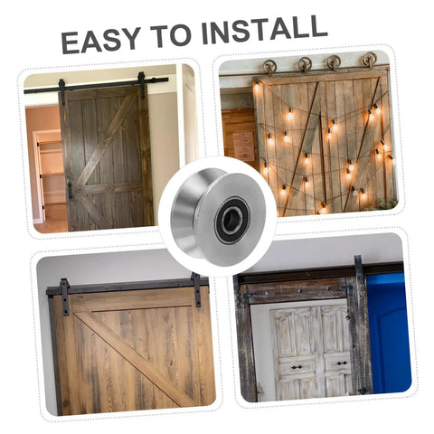 Heavy Duty Stainless Steel Sliding Door Rollers U Groove Caster Wheels with smooth glide design and showcased barn door installations.
