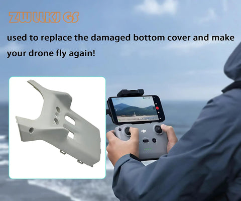 Bottom Shell Replacement For DJI Mini 3 Drone Body Frame Cover Beefs Up Your Rig shown with controller and ocean backdrop
