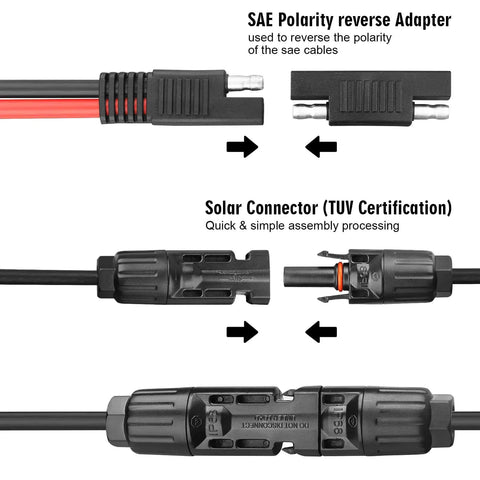 Heavy Duty 10AWG Solar Panel To SAE Adapter Cable 2Ft 50 Amp SAE To Solar Extension Wire With connectors and polarity adapter
