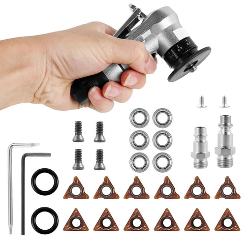 Handheld Abizarch Mini Pneumatic Chamfering Machine 30K RPM Air Beveler with tools, blades, and mounting parts for deburring.